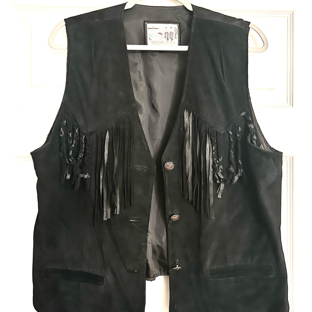 Atlantic Beach Leather Coat Works Women's Black Suede Fringe Vest. Sz Large.